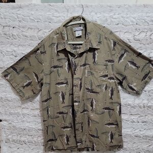 Columbia River Lodge Shirt Men's XL Olive Green Outdoor Trout Pattern  Gorpcore